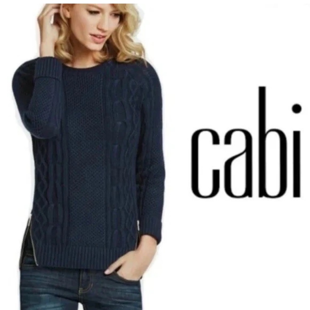 CAbi Navy Cable Knit Sweater with Gold Zipper Accents Size S